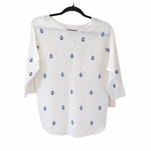 Luna White Navy Anchor Print Knit Top Medium Boat Neck 3/4‎ Sleeve Nautical